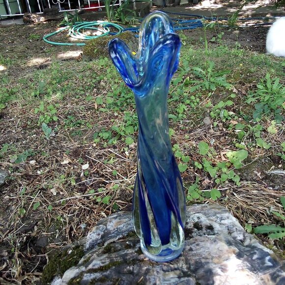 Vintage MCM 3 Finger Swung Vase Art Glass Cobalt Blue - Picture 2 of 6